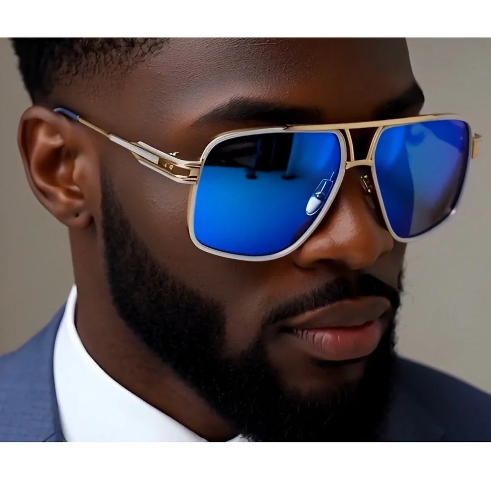 Aviator Sunglasses Blue Mirrored Lens Gold White Frame Square Fashion Lentes New